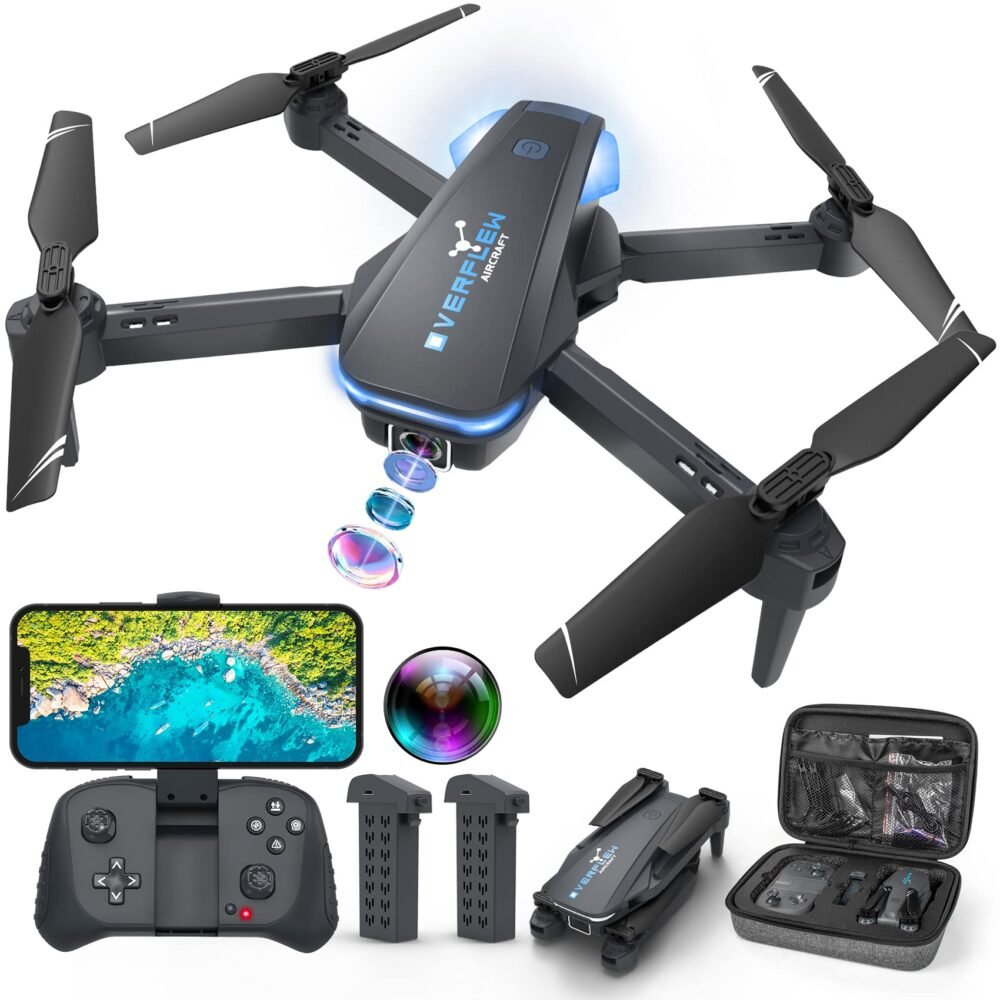 Drone with 1080P Camera for Beginners and Adults, Foldable Remote Control Quadcopter with Voice Control, Gestures Selfie, Altitude Hold, One Key Start, 3D Flips, 2 Batteries