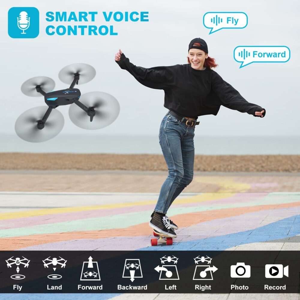 Drone with 1080P Camera for Beginners and Adults, Foldable Remote Control Quadcopter with Voice Control, Gestures Selfie, Altitude Hold, One Key Start, 3D Flips, 2 Batteries