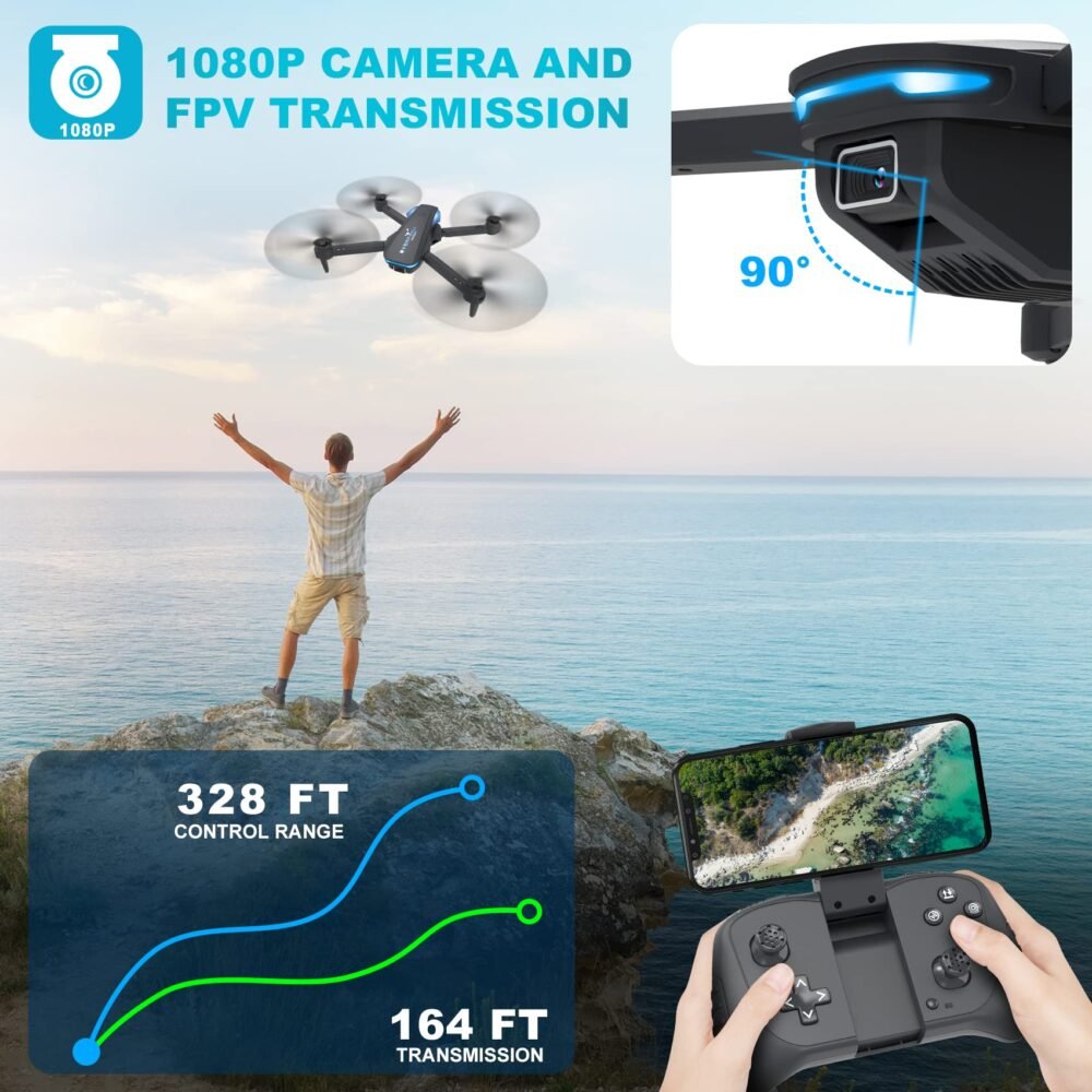 Drone with 1080P Camera for Beginners and Adults, Foldable Remote Control Quadcopter with Voice Control, Gestures Selfie, Altitude Hold, One Key Start, 3D Flips, 2 Batteries
